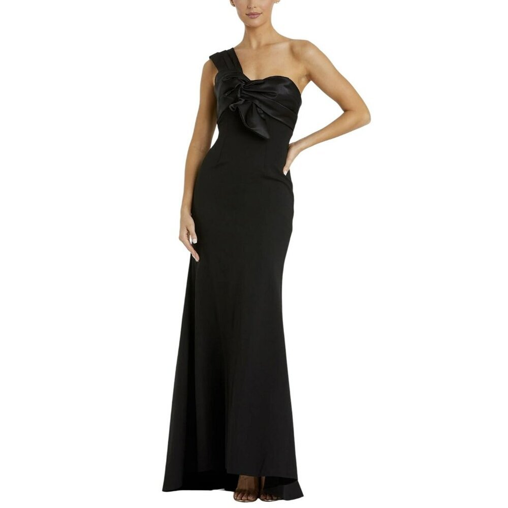 Mac Duggal Black One Shoulder Bow Drape Formal Evening Gown Dress Sz 8 NEW
